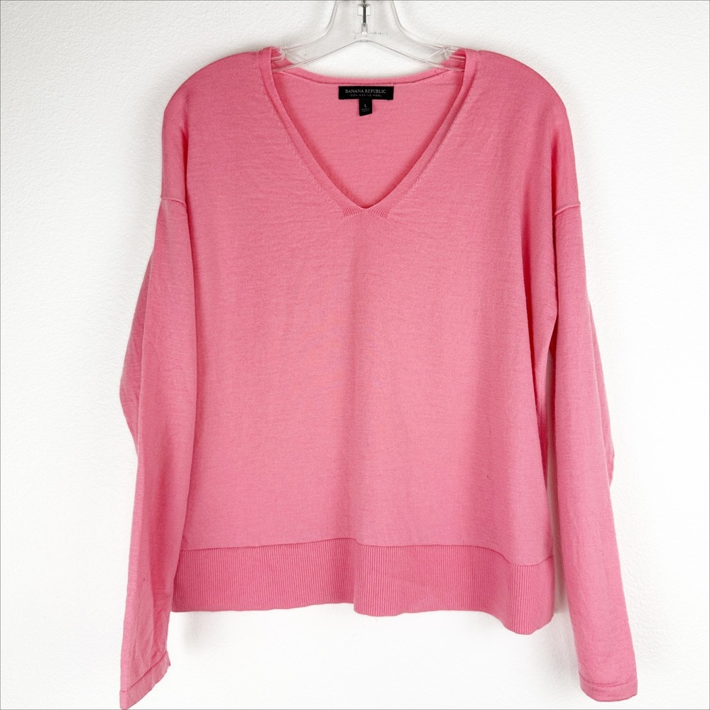 Banana Republic Pink 100% Merino Wool V-Neck Sweater Womens Large 19A10091-S1A-5